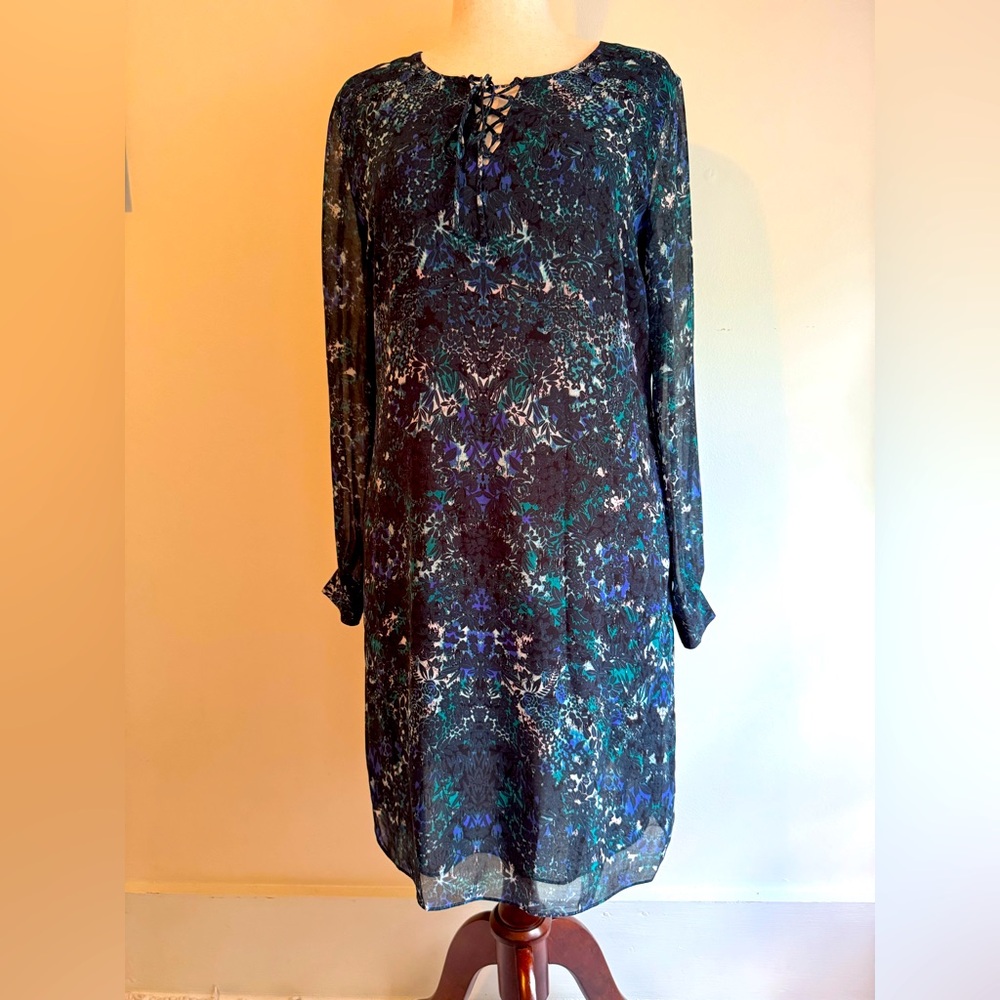 CAbi Printed Sheer Long Sleeve Lace-Up Dress – Size Medium